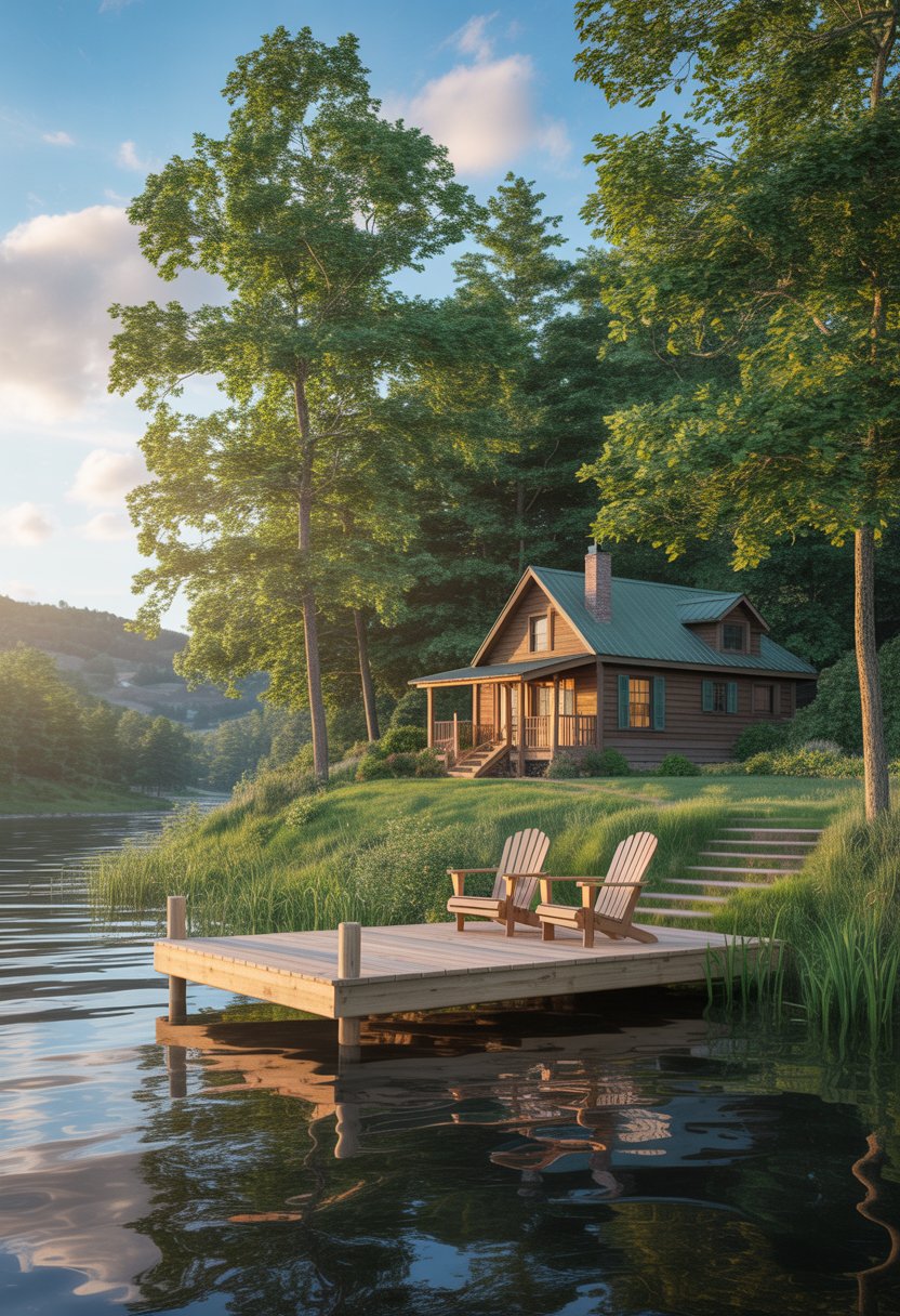 A wooden cabin beside a river surrounded by trees, with a dock and chairs by the water under a clear sky.