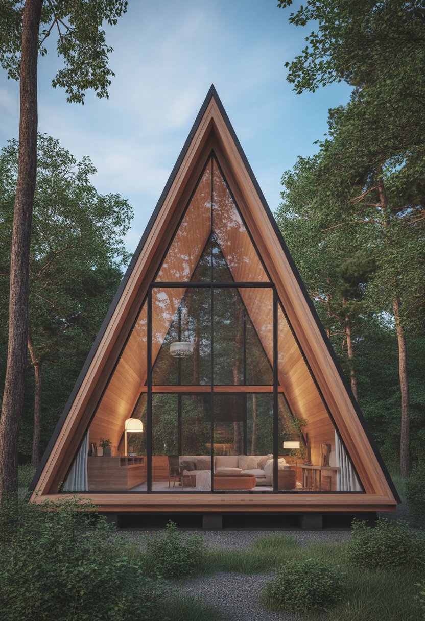 A modern A-frame cabin with large floor-to-ceiling windows surrounded by trees and natural greenery.