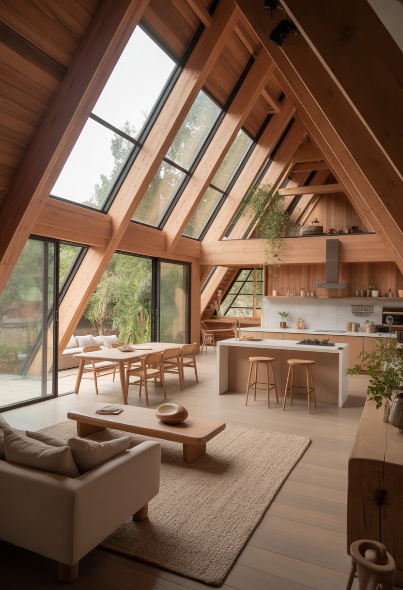 Interior of a bright open floor plan A-frame cabin with wooden beams, large windows, and modern furniture.