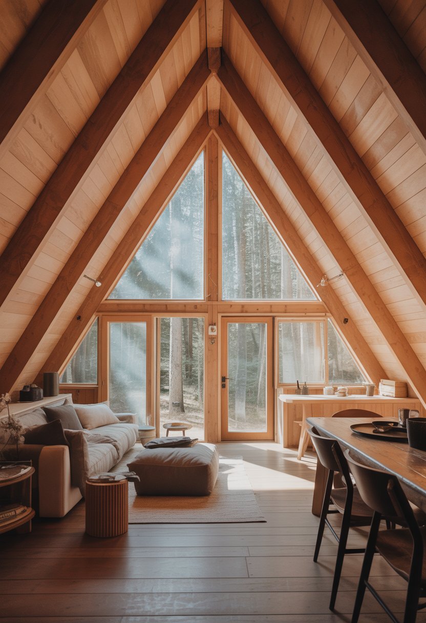 Interior of an A-frame cabin with vaulted ceilings, wooden beams, large windows, and cozy furnishings.