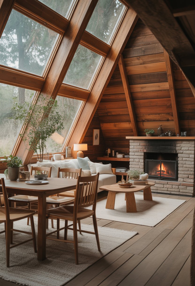 Interior of a cozy A-frame cabin with wooden walls, furniture, a stone fireplace, and natural light coming through large windows.