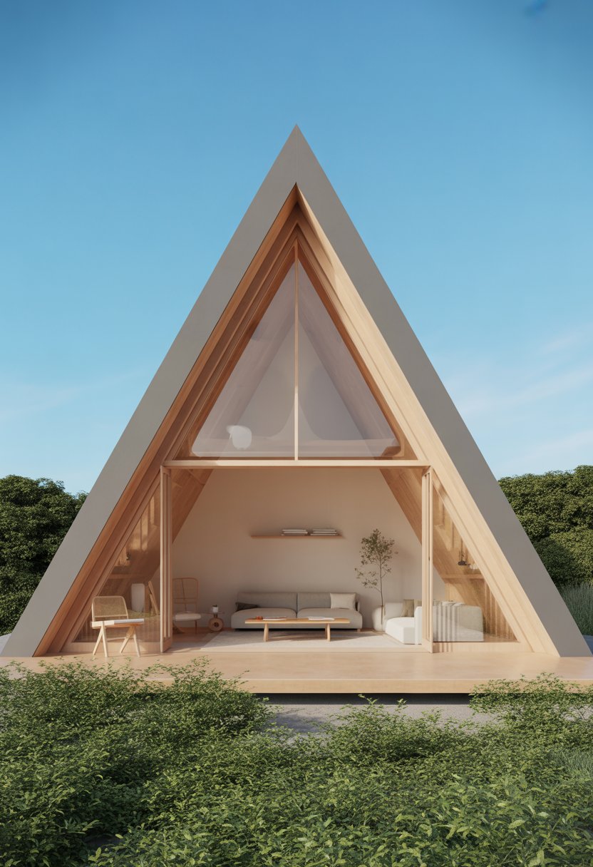 Interior and exterior view of a wooden A-frame cabin with large windows, simple furniture, and greenery outside.