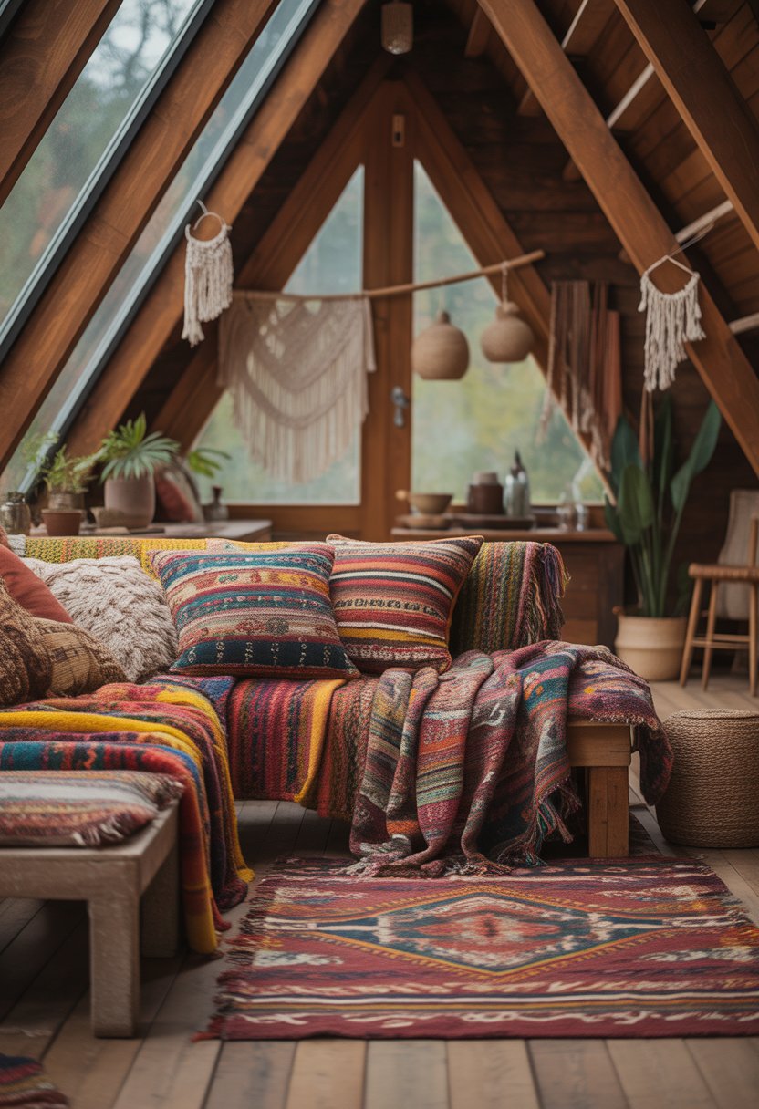 Interior of a cozy A-frame cabin with colorful blankets, pillows, rugs, wooden furniture, and plants.
