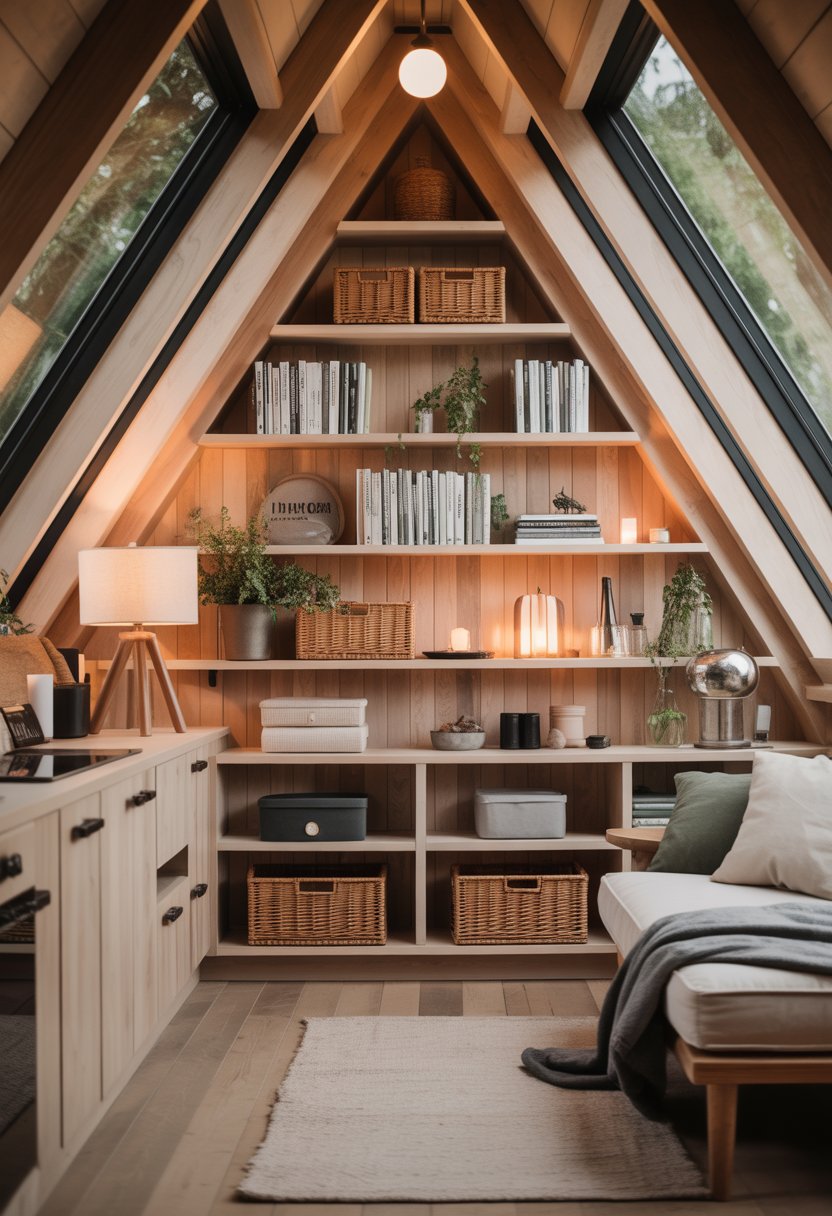 Interior of an A-frame cabin with built-in wooden shelves filled with books and storage baskets, natural light coming through large windows.