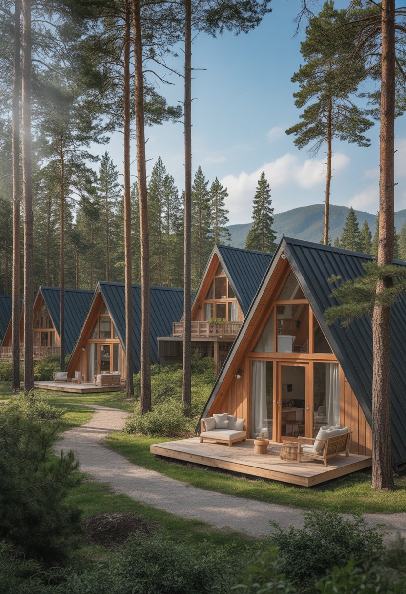 Several A-frame cabins surrounded by tall pine trees in a forest with a walking path and outdoor seating.