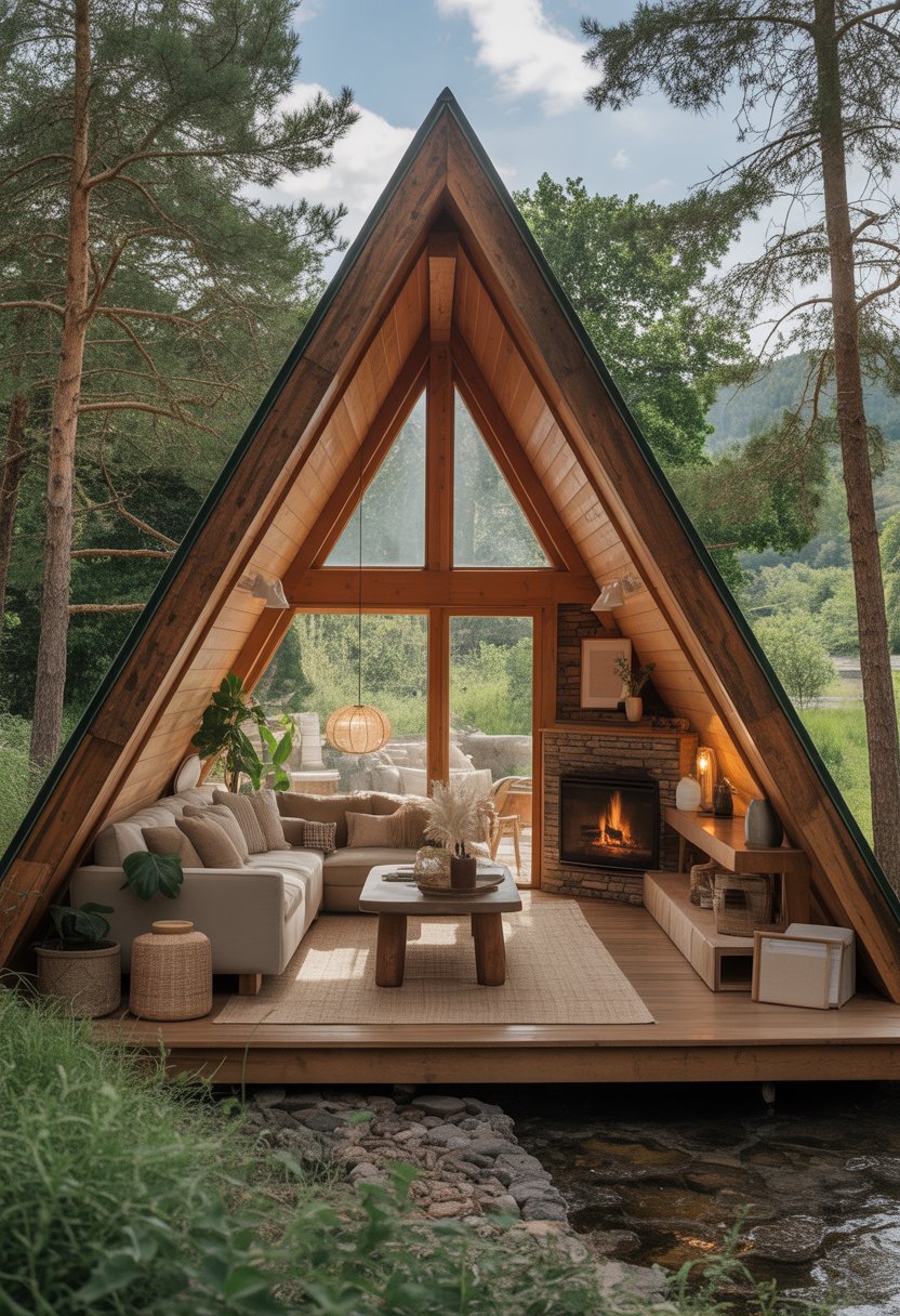 An A-frame cabin surrounded by trees with a cozy interior featuring wooden beams, a stone fireplace, and comfortable seating.