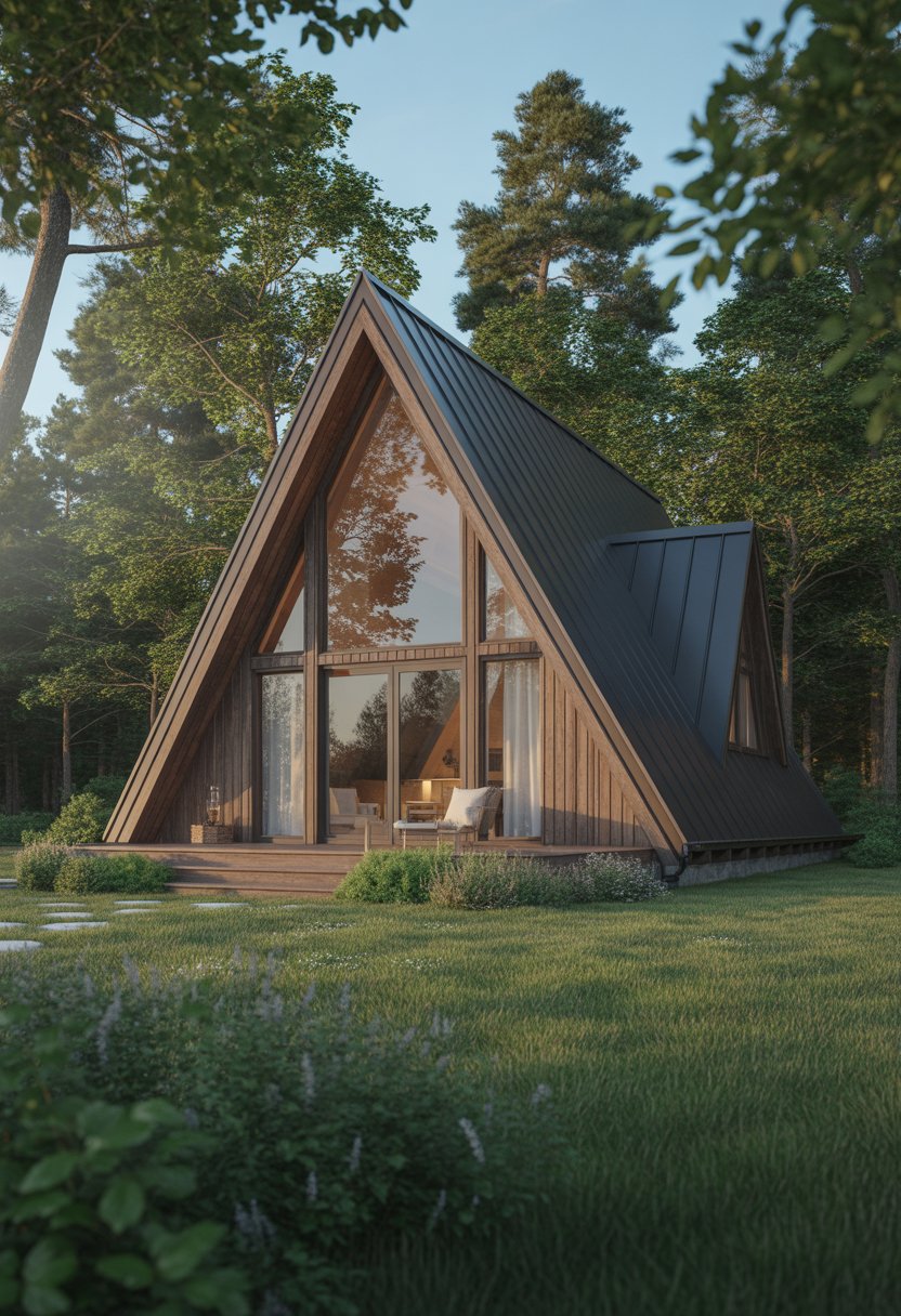 A small A-frame cabin surrounded by green trees and grass with a stone pathway leading to its entrance.