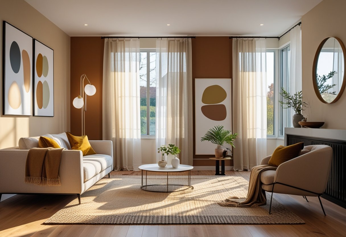 A warm and inviting living room with a sofa, coffee table, plants, large windows, and soft natural lighting.