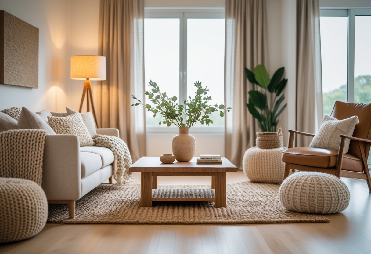 A living room with a sofa, coffee table, armchair, and natural light coming through large windows, featuring cozy blankets, pillows, and plants.