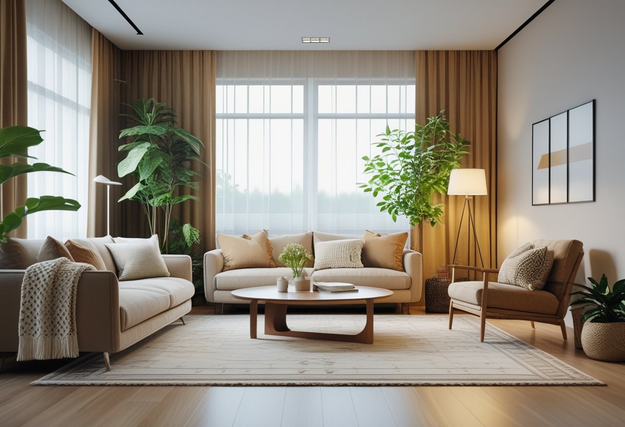 A well-lit living room with a sofa, armchair, coffee table, plants, and soft lighting creating a comfortable seating area.