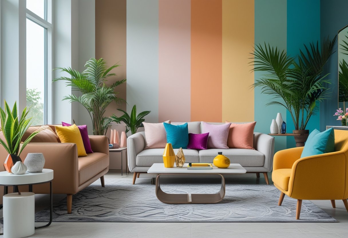 A modern living room with a sofa, coffee table, plants, and large windows showcasing a variety of trendy colors in furniture and decor.