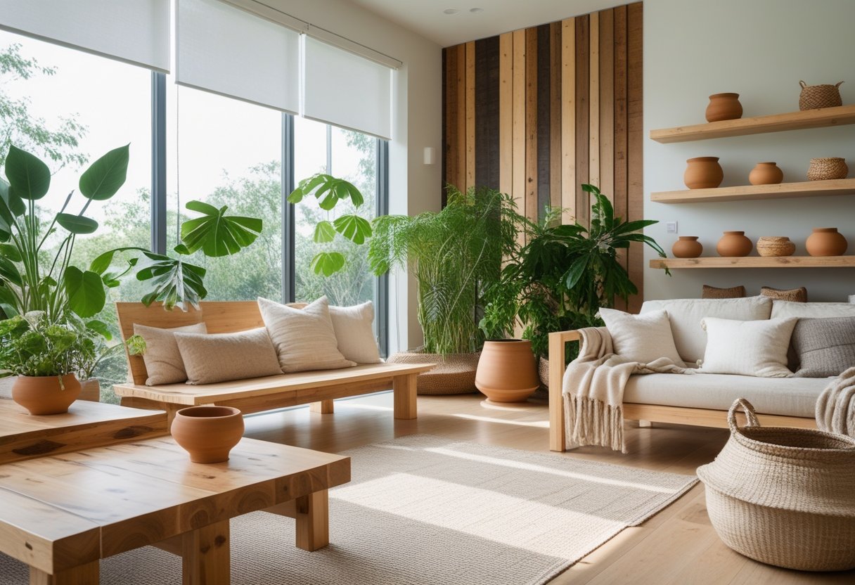 A bright living room with natural wood furniture, indoor plants, and eco-friendly materials like bamboo flooring and organic textiles.