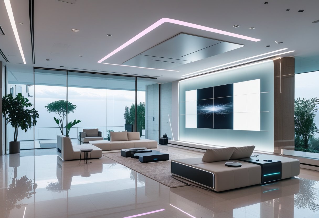 A modern living room with sleek furniture, smart glass windows, ambient lighting, indoor plants, and integrated technology devices.
