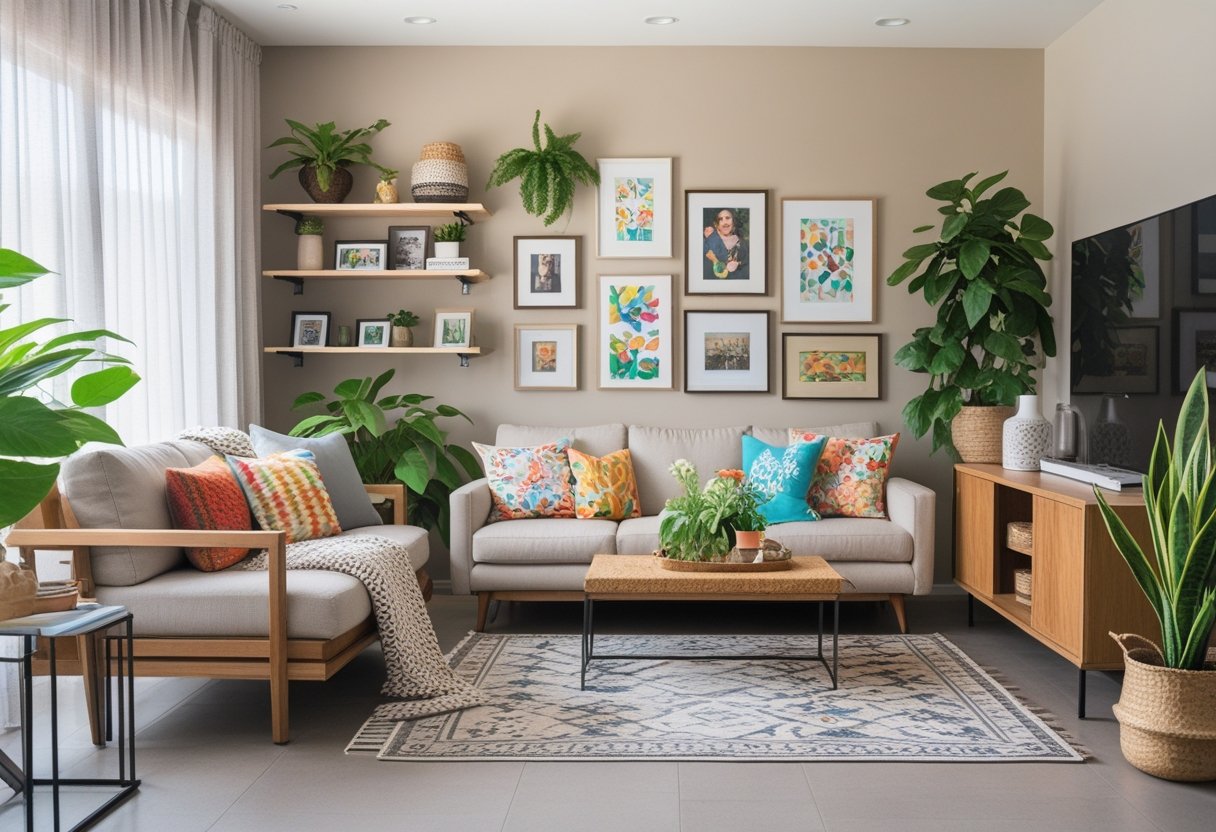A neutral-toned living room with colorful pillows, indoor plants, framed artwork on the wall, and natural light coming through large windows.