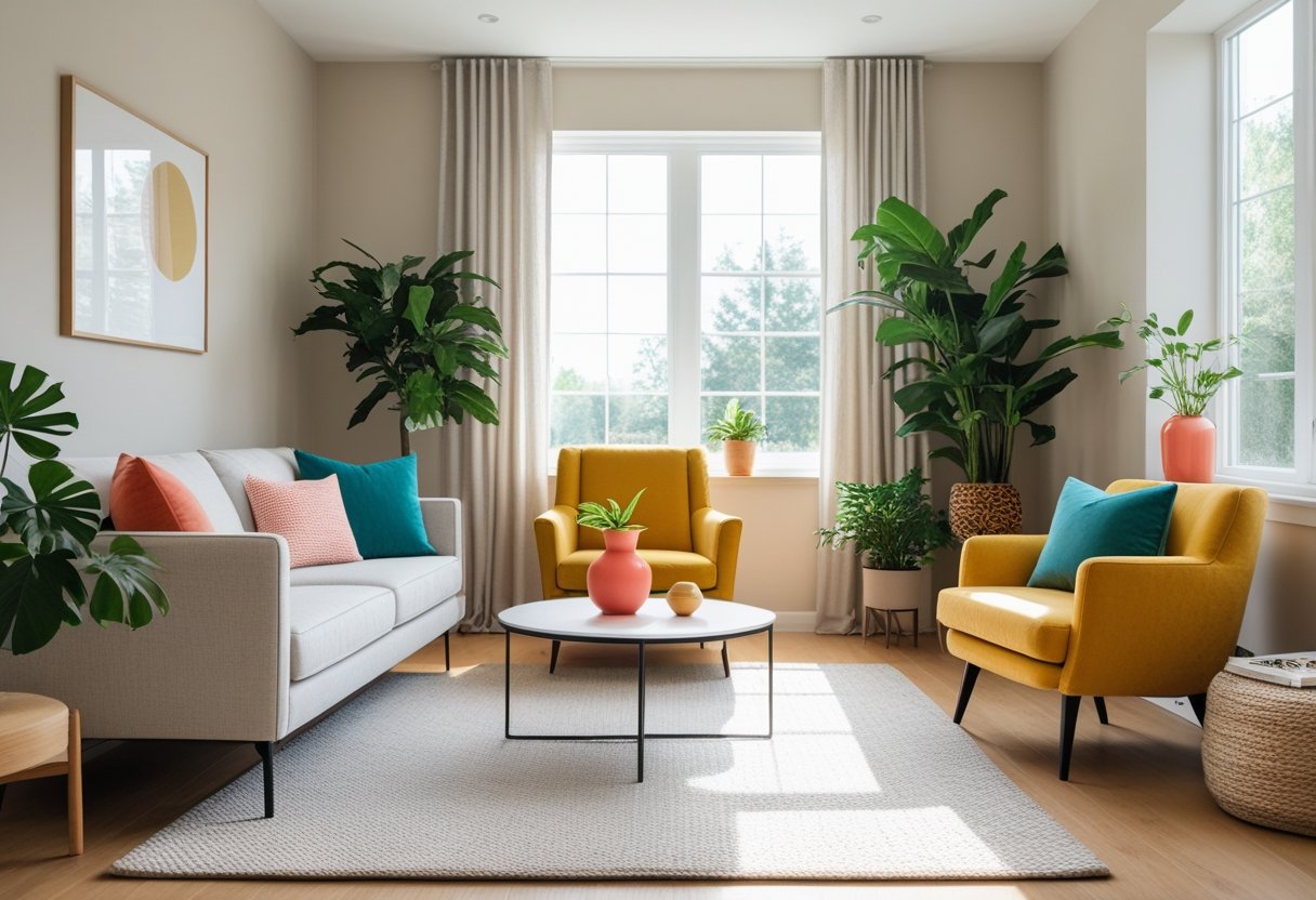 A bright living room with neutral walls and furniture, accented by colorful pillows, a yellow armchair, indoor plants, and decorative vases.