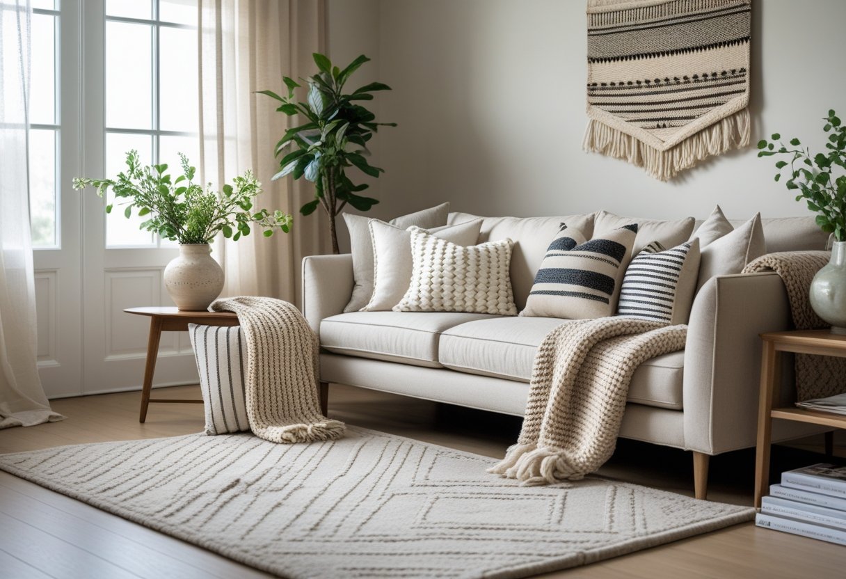 A neutral-toned living room with a sofa, patterned throw pillows, a textured rug, a wooden coffee table with a vase of greenery, and natural light coming through large windows.