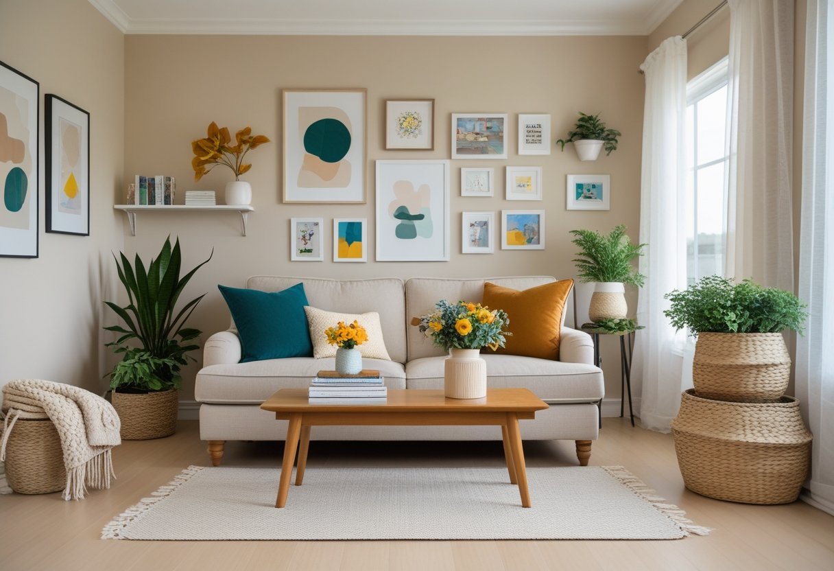 A neutral-toned living room with a beige sofa, colorful throw pillows, wooden coffee table with books and flowers, framed art on the walls, and green plants by large windows.