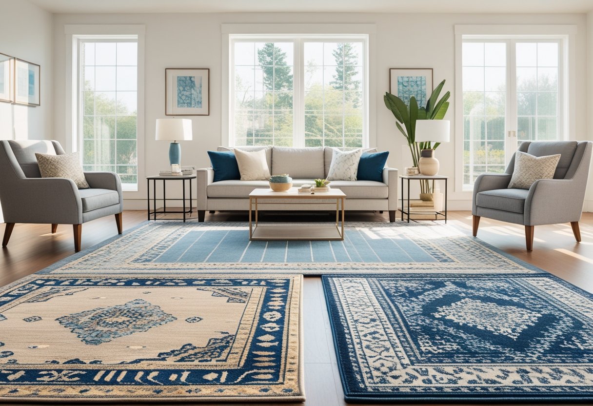 A modern living room with different sized rugs placed under furniture to show how rug size fits the space.