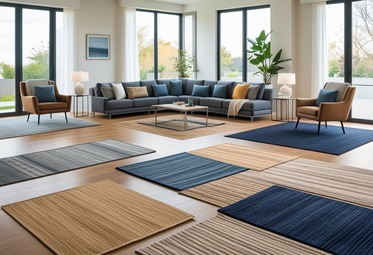 A living room with different sized rugs placed under furniture, including a sofa and coffee table, showing how various rug sizes fit in the space.