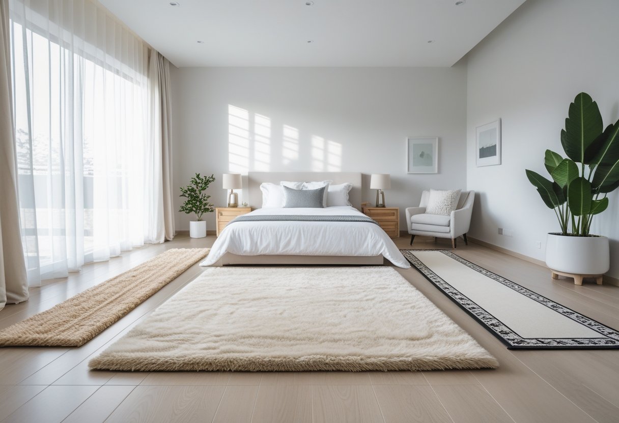 A modern bedroom with a large area rug under the bed, smaller rugs placed around the room, a bedside table, a reading chair, and natural light coming through a window.