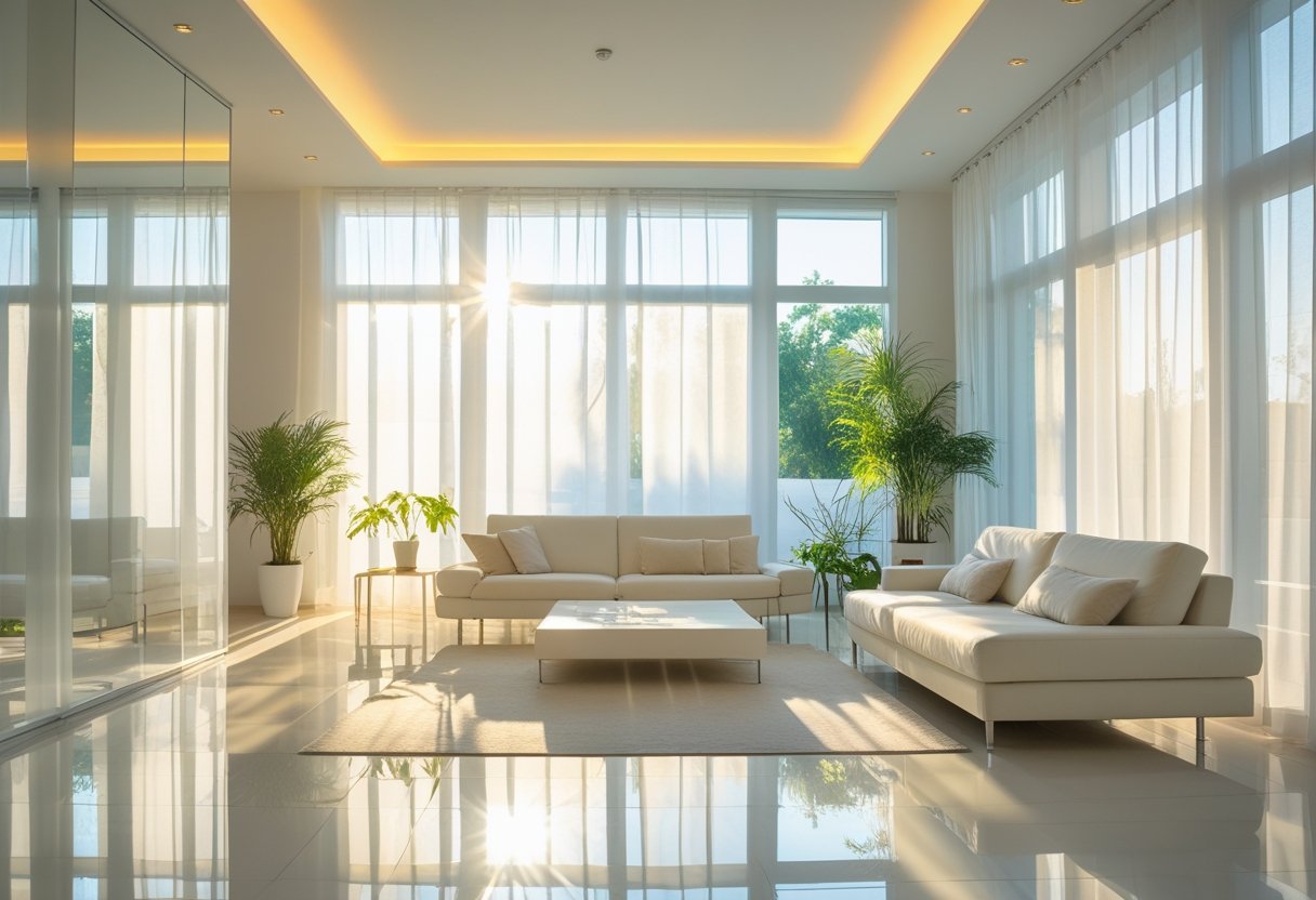 A sunlit living room with large windows, light walls, plants, and mirrors reflecting light to brighten the space.