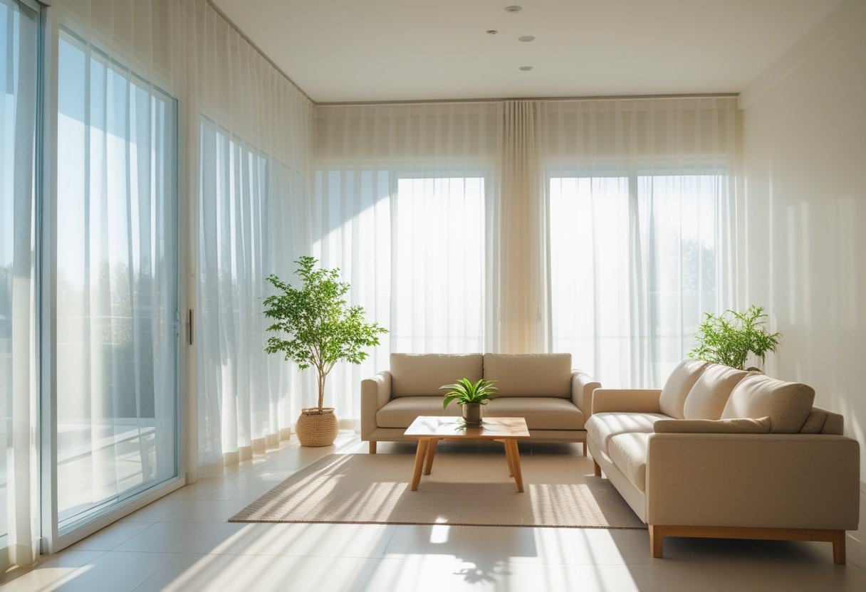 A sunlit living room with large windows, light-colored furniture, and green plants creating a bright and welcoming atmosphere.