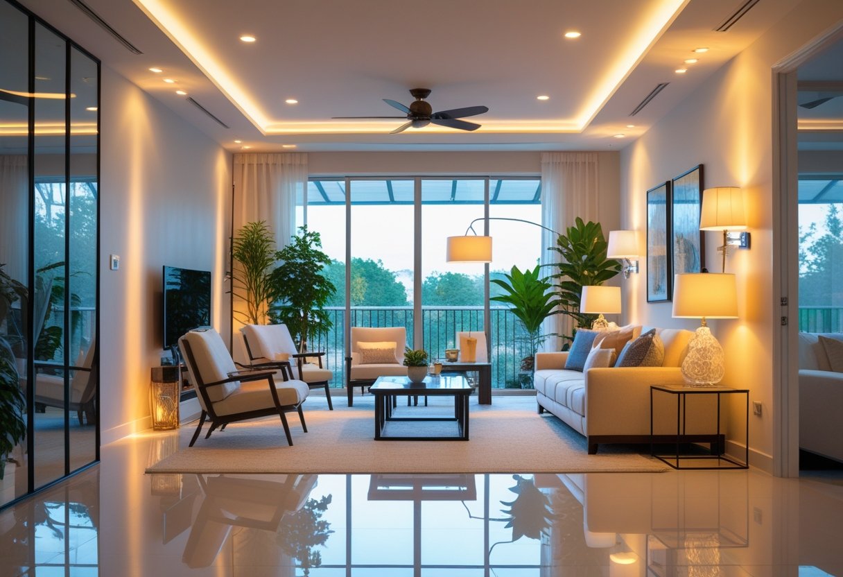 A bright living room illuminated by multiple artificial light sources including ceiling lights, floor lamps, and wall sconces, with light-colored furniture and large windows.