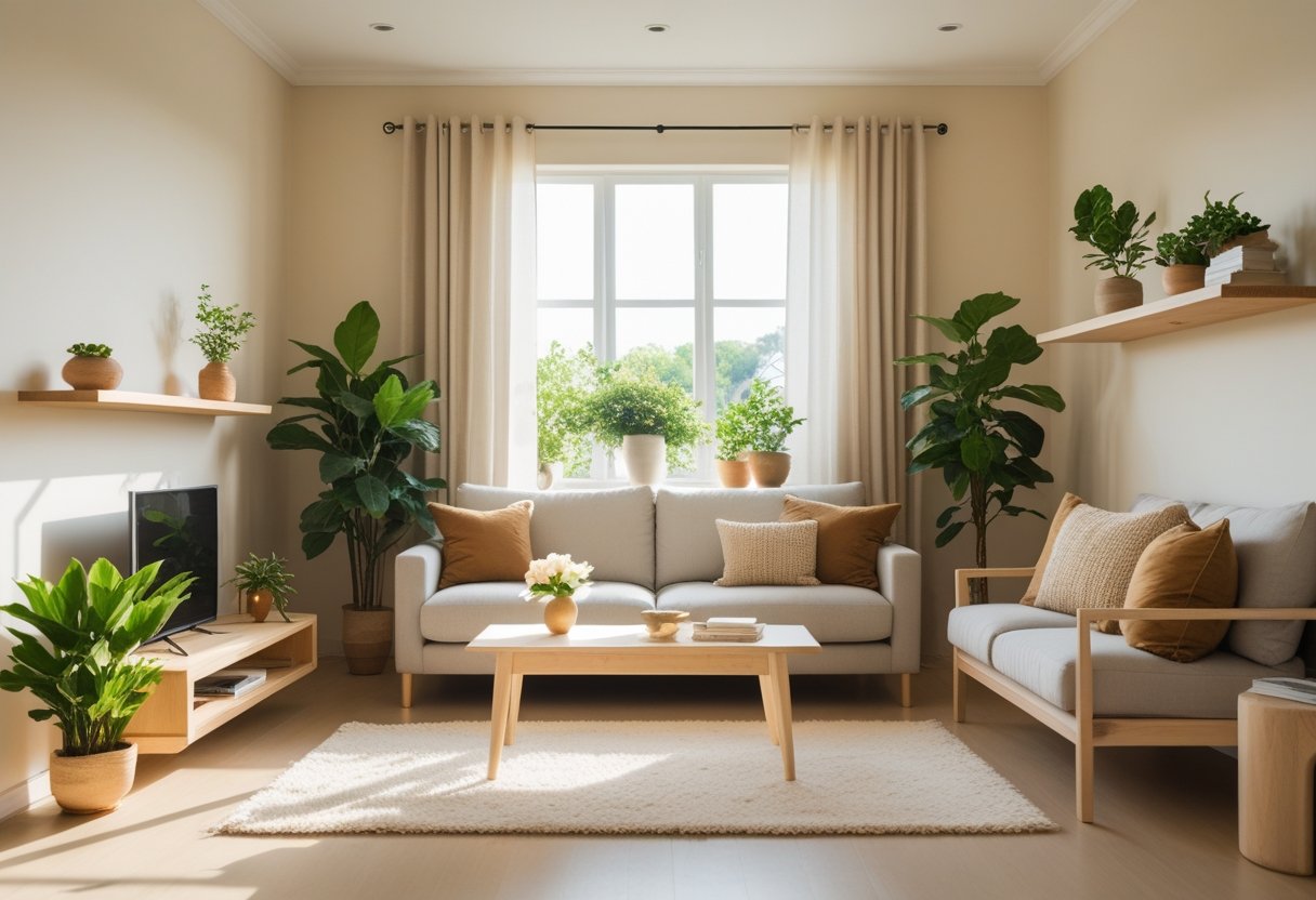 A bright living room with a gray sofa, natural wood furniture, green plants, and soft sunlight coming through a large window.