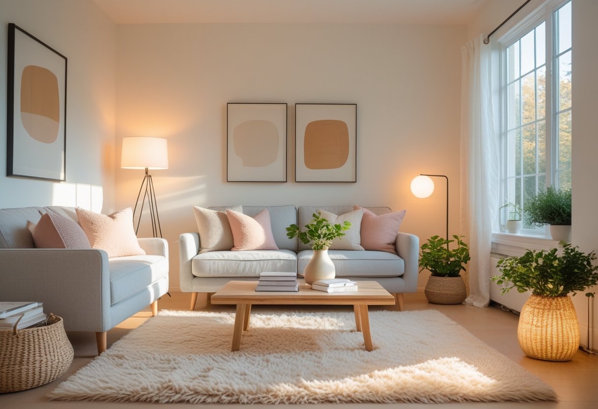 A bright living room with a light gray sofa, wooden coffee table, soft pillows, plants, and warm lighting creating a cozy and inviting atmosphere.