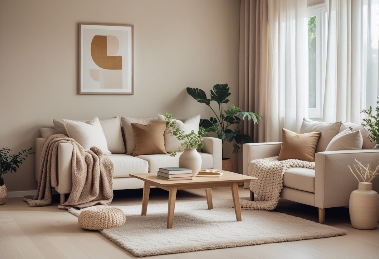 A bright living room with a comfortable sofa, wooden coffee table, plants, and soft natural lighting.