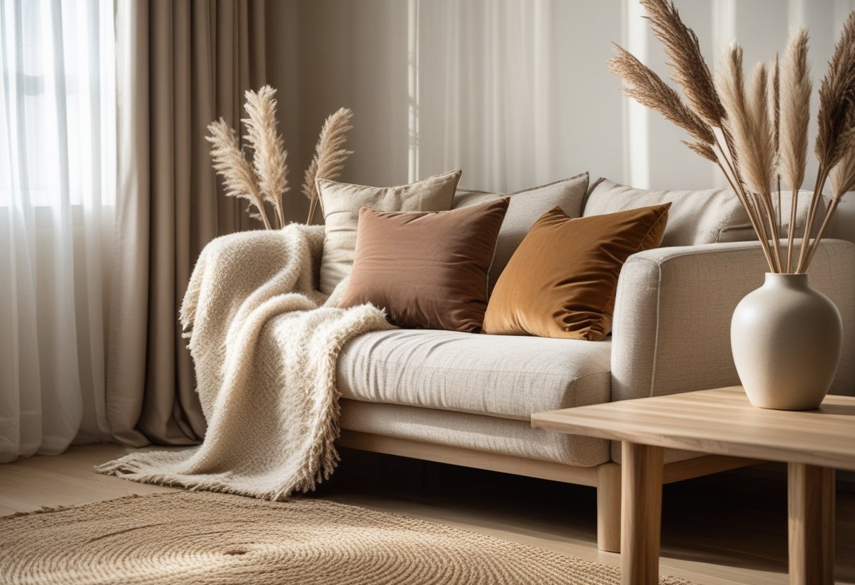 A cozy living room with a sofa, textured cushions, a wool throw blanket, a wooden coffee table with a ceramic vase holding dried grasses, and a woven rug on the floor.