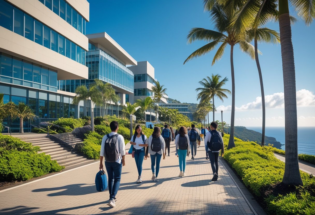 University campus with modern buildings, students walking outside, greenery, and ocean in the background.