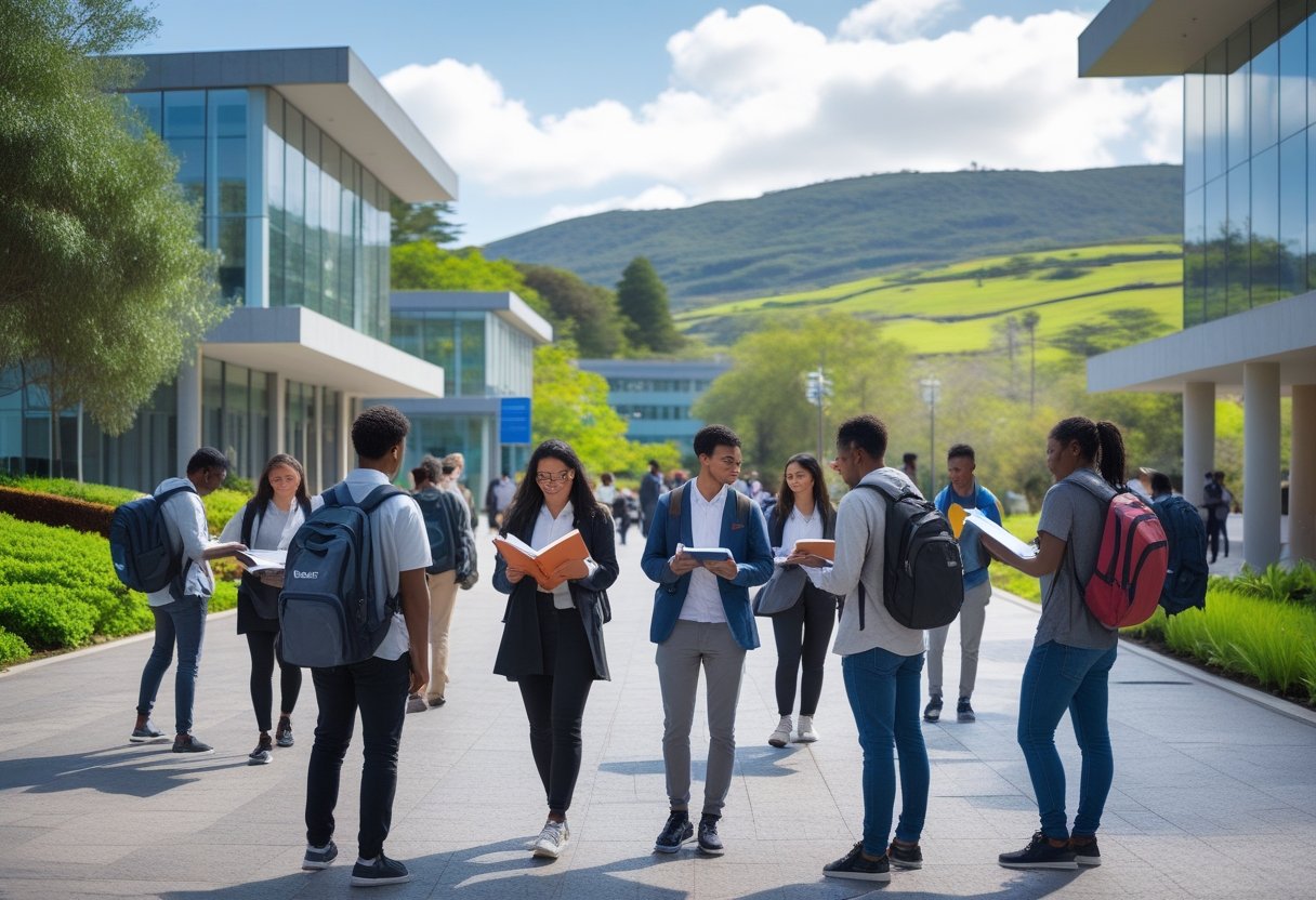 Students studying and interacting outdoors on a university campus with modern buildings and natural landscape in the background.