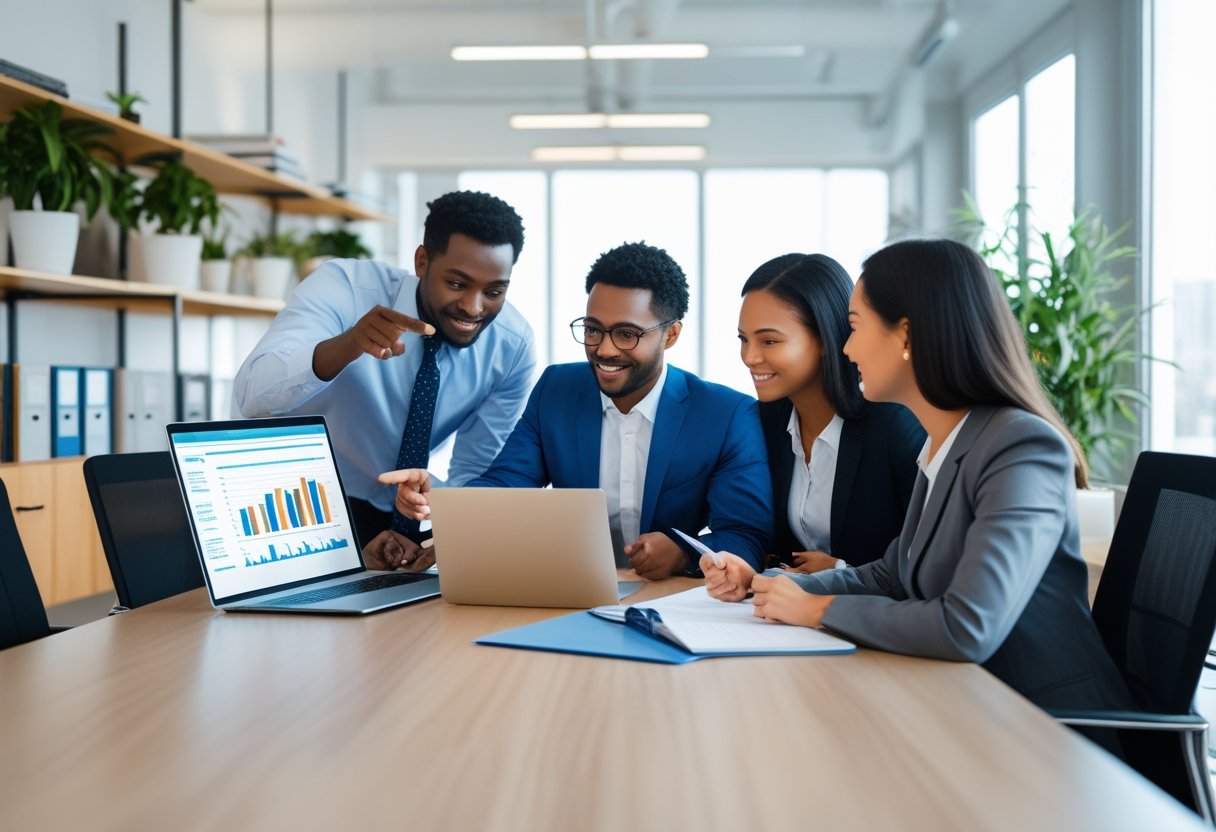 Common Questions | Three business professionals discussing work around a conference table in a bright office.