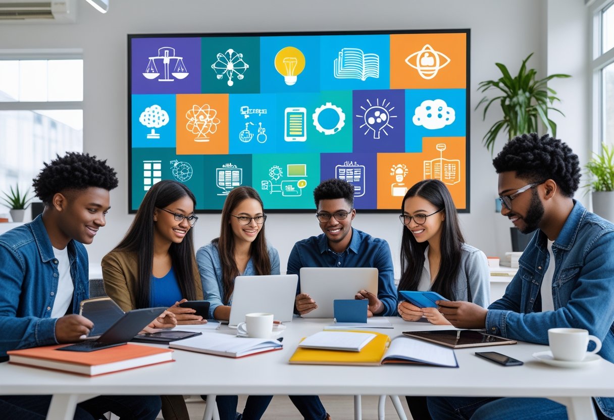 Common Questions | A group of young adults using laptops and tablets in a bright study space with books and a digital screen showing academic icons.