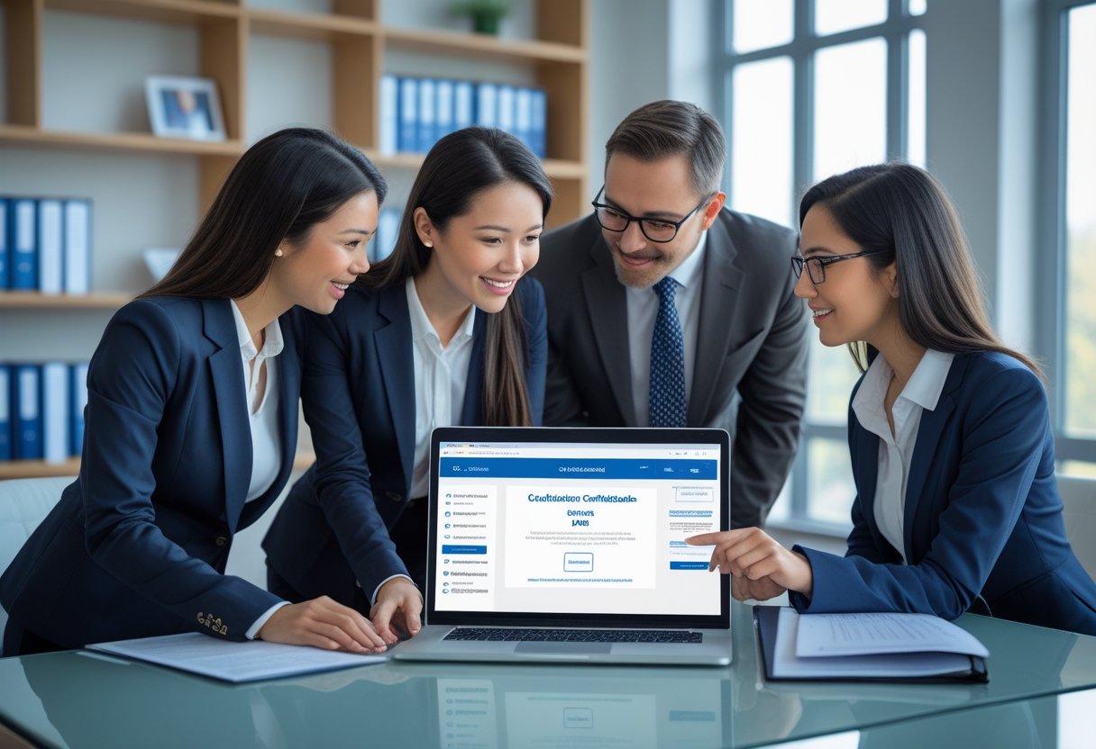 Common Questions | Three professionals discussing an online degree certificate on a laptop in a bright office with bookshelves and framed diplomas.
