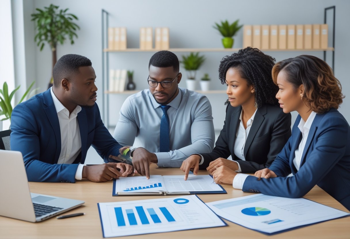 Three adults sitting around an office table reviewing documents and a diploma, engaged in a serious discussion.