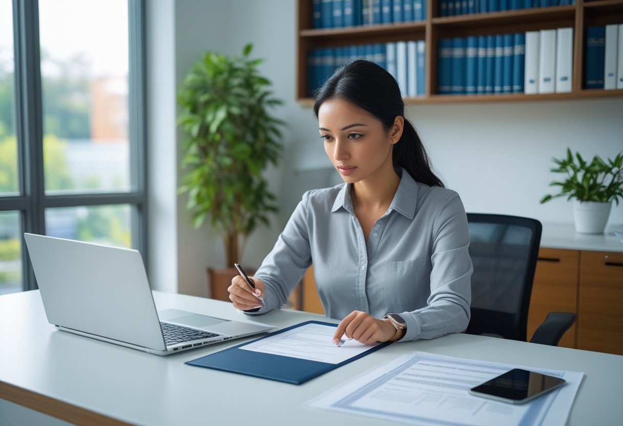 Conditions | A woman sitting at a desk reviewing documents on a laptop with a diploma and books nearby in a well-lit office.