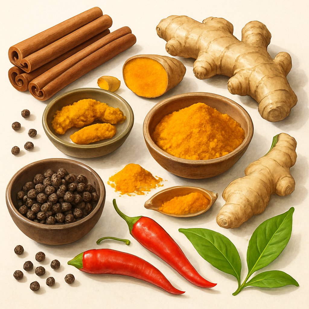 An arrangement of various fresh spices including cinnamon, turmeric, ginger, cayenne peppers, black peppercorns, and green tea leaves displayed on a light background.