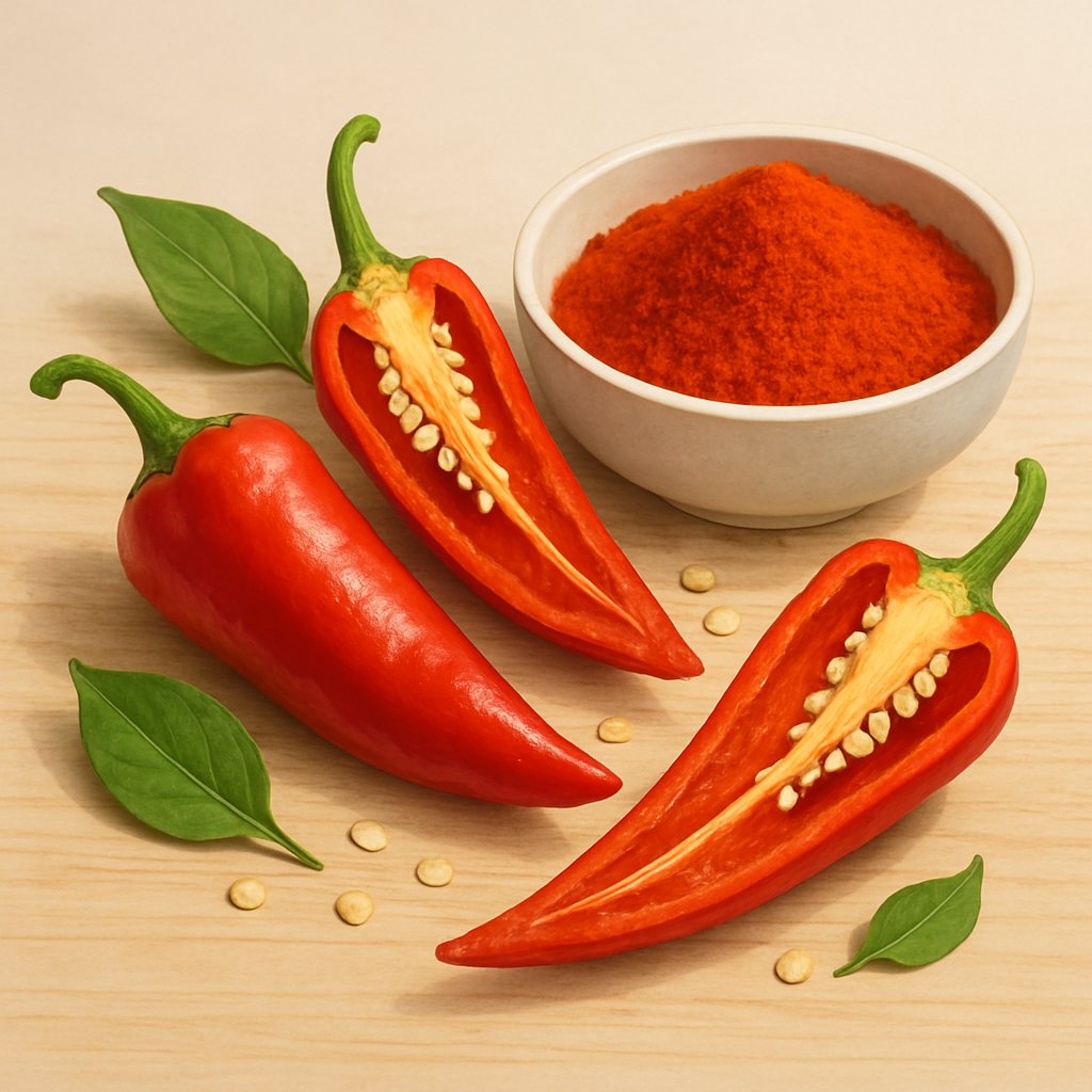 Fresh and sliced cayenne peppers next to a bowl of cayenne pepper powder on a wooden surface.
