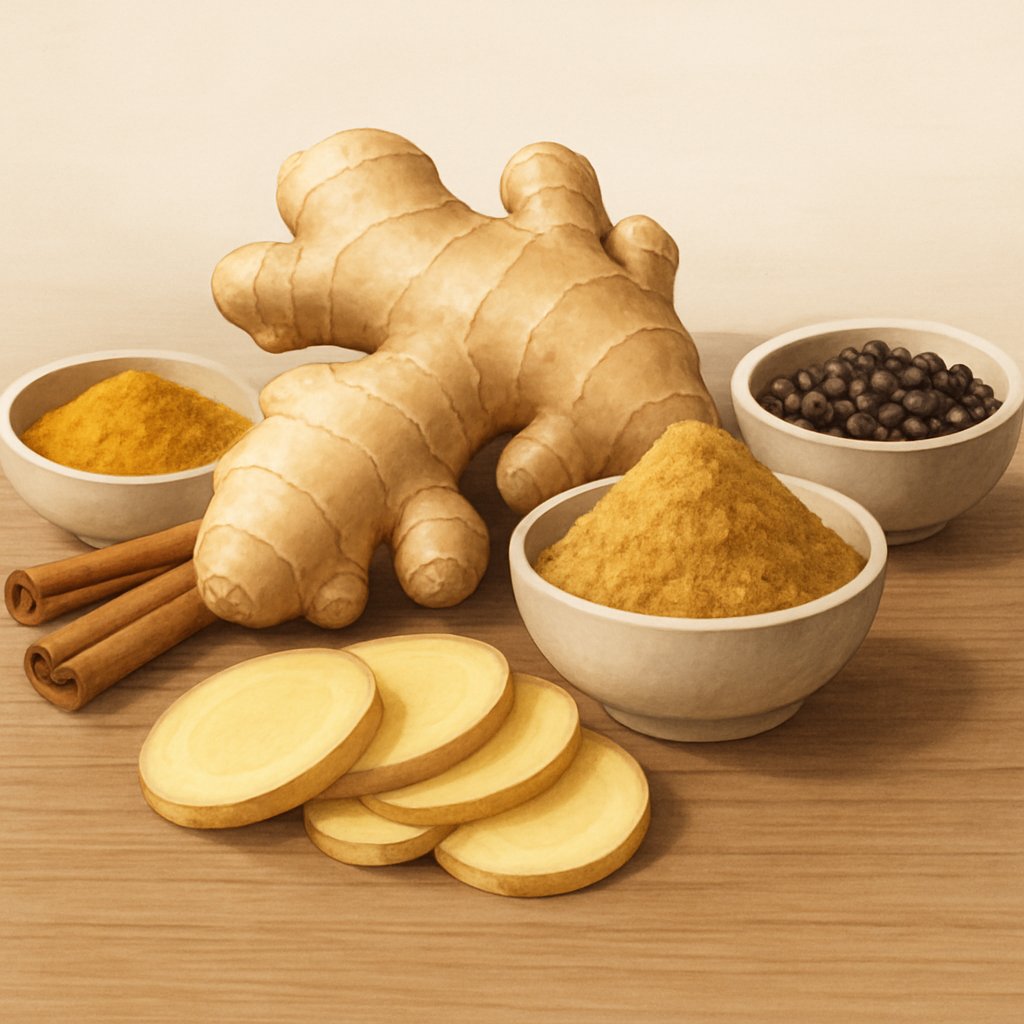 Fresh ginger roots, sliced ginger, and powdered ginger displayed with cinnamon sticks, turmeric powder, and black peppercorns on a wooden surface.