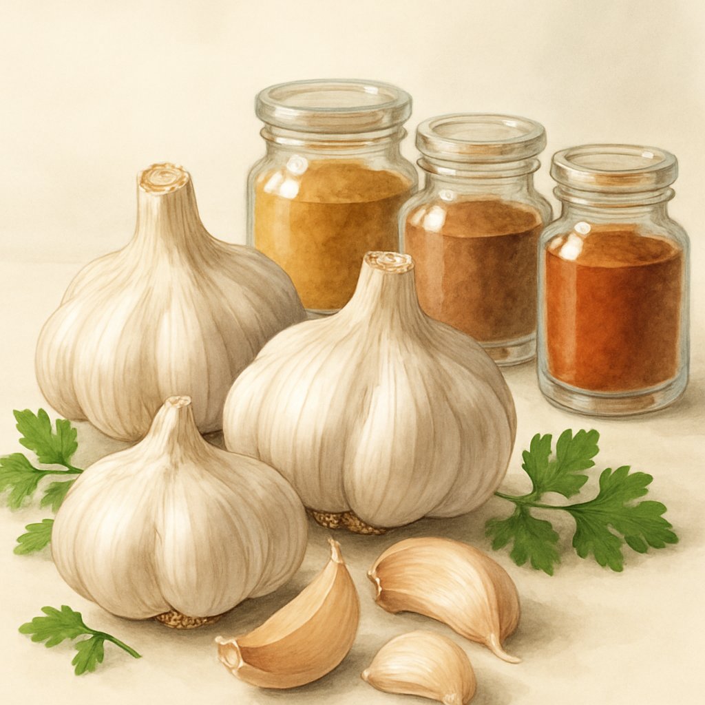 A cluster of garlic bulbs and cloves surrounded by small jars of spices and scattered green herbs on a light surface.