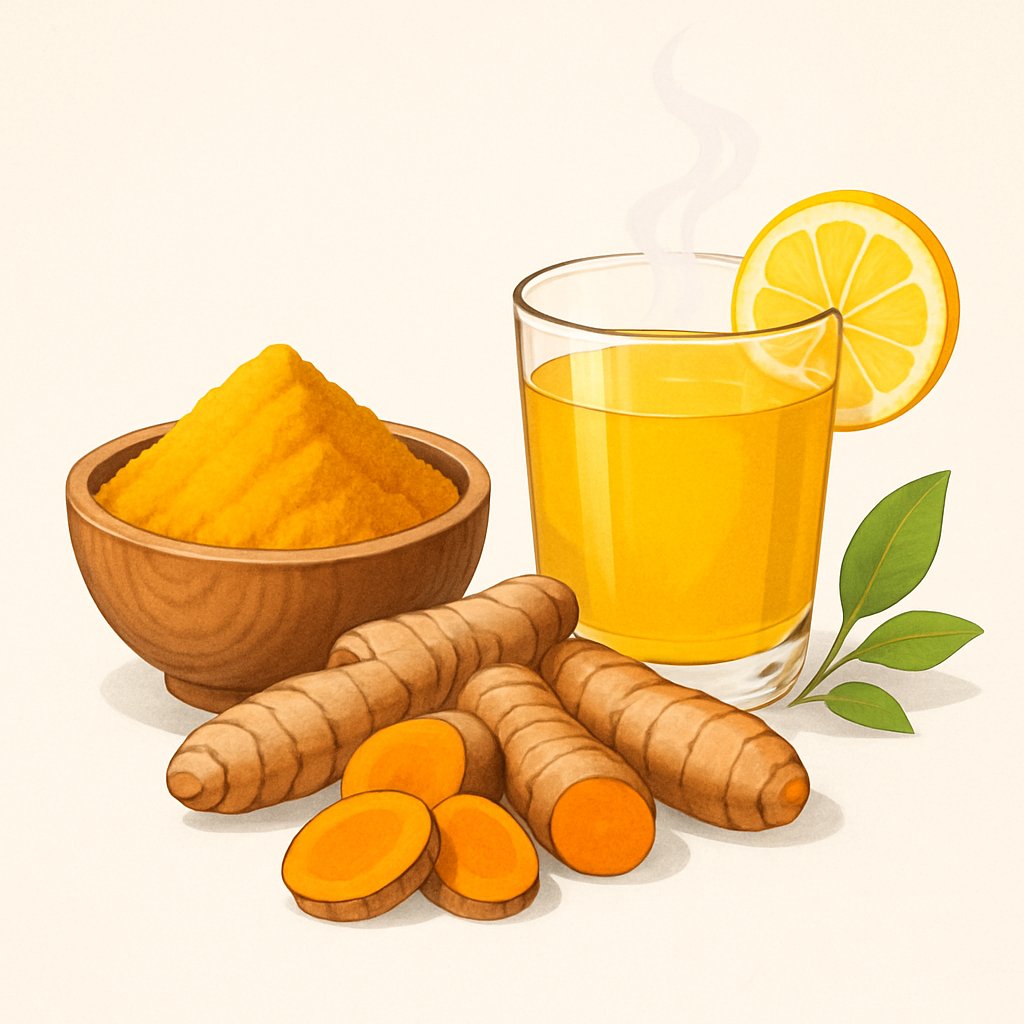 A bowl of turmeric powder with fresh turmeric roots and a glass of turmeric tea with a lemon slice on a white surface.