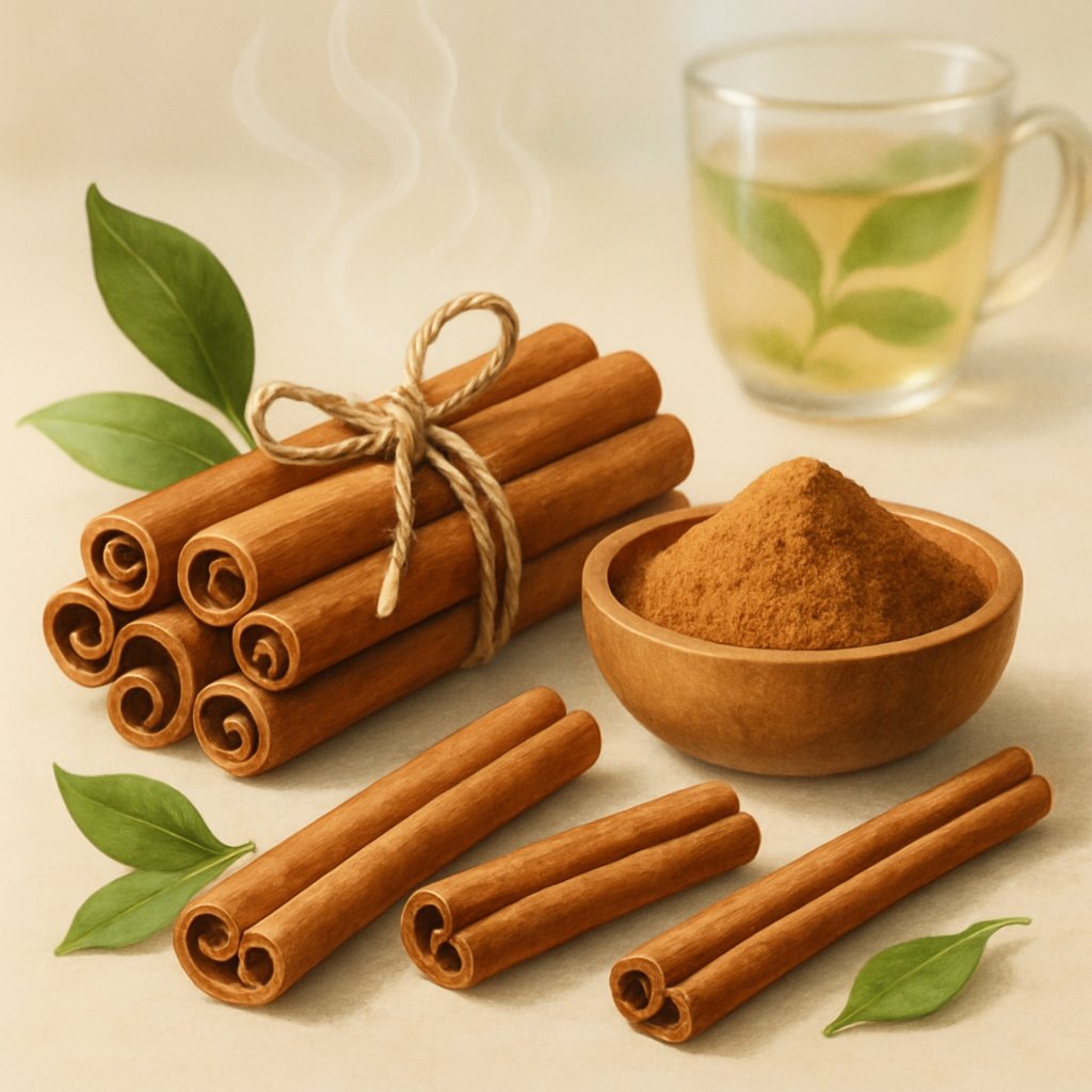 Cinnamon sticks and ground cinnamon arranged with green leaves and steam rising, suggesting natural health and weight loss benefits.
