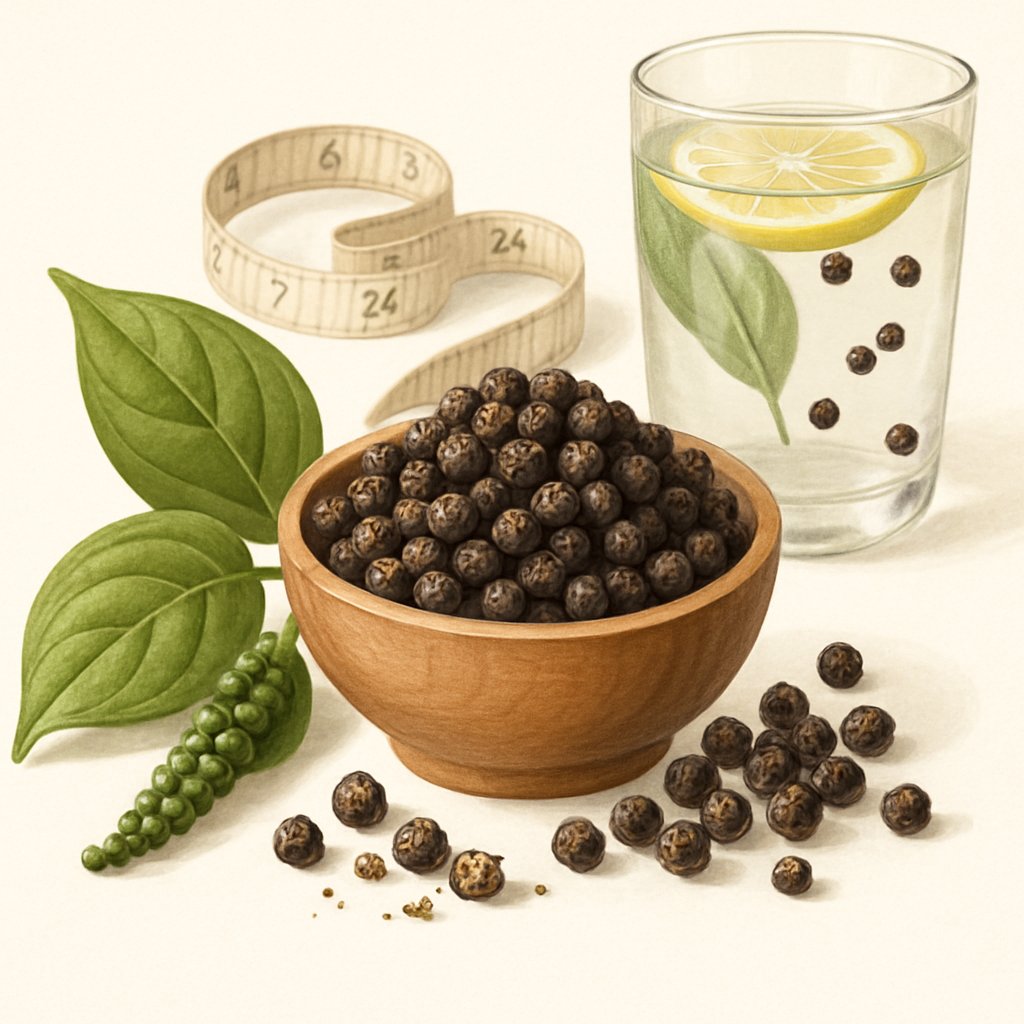 A bowl of black peppercorns with some spilled on a surface, fresh green pepper leaves nearby, and a measuring tape and glass of infused water in the background.