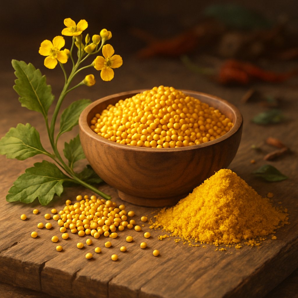 A wooden bowl filled with yellow mustard seeds spilling onto a wooden surface, surrounded by mustard plant leaves and flowers.