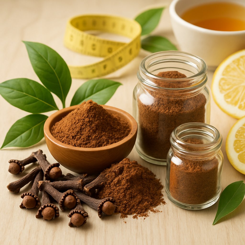Close-up of whole cloves and clove powder arranged with green leaves, a glass jar, measuring tape, and citrus fruits on a wooden surface.