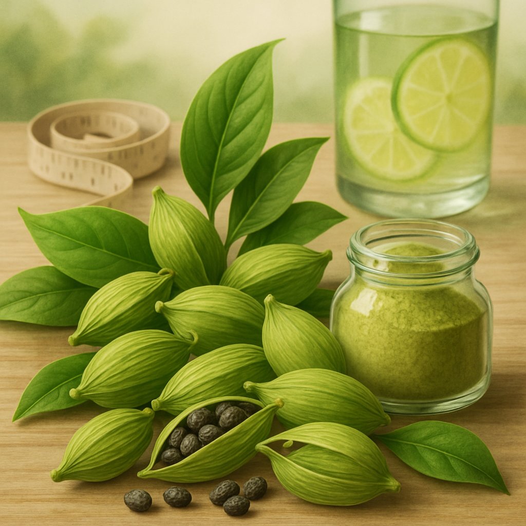 A close-up of cardamom pods, seeds, and powder arranged with green leaves and a glass jar on a wooden surface, accompanied by a measuring tape and a glass of infused water.