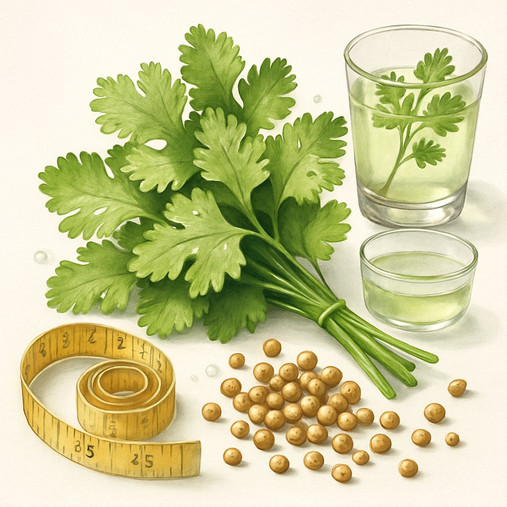 Fresh coriander leaves and seeds arranged with a measuring tape and a glass of infused water on a white surface.