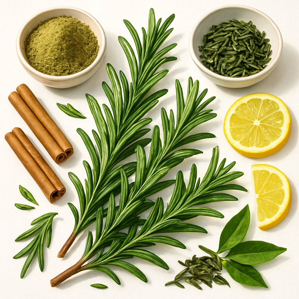 Fresh rosemary sprigs with bowls of ground rosemary and other herbs and spices arranged on a white surface.